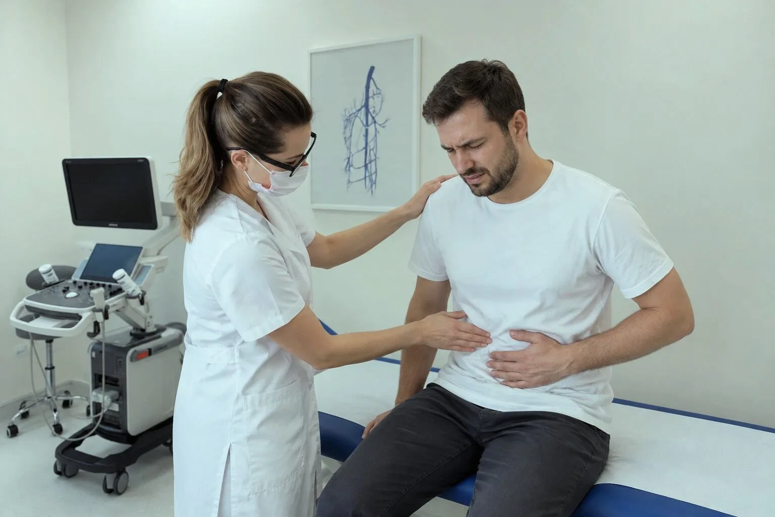 Doctor examining a patient with abdominal pain