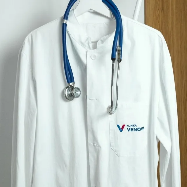 Lékařský plášť Kliniky Venova se stetoskopem